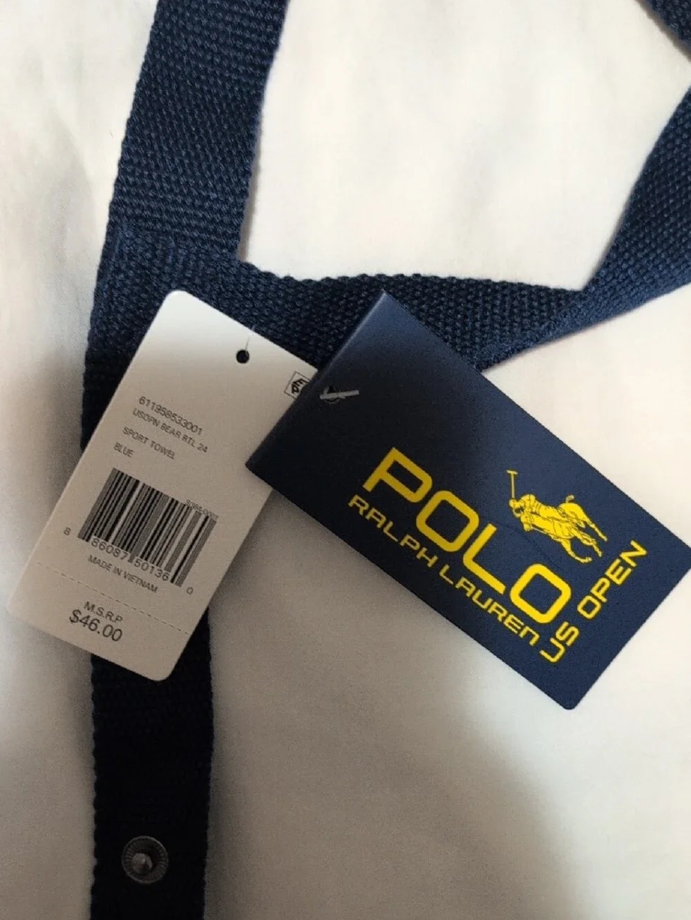 Ralph Lauren White Towel with Embroidered Tennis Bear in Navy and Orange